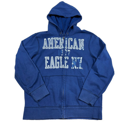 Vintage Y2K American Eagle Hoodie Men Large Blue Full Zip Jacket Spellout 2000s