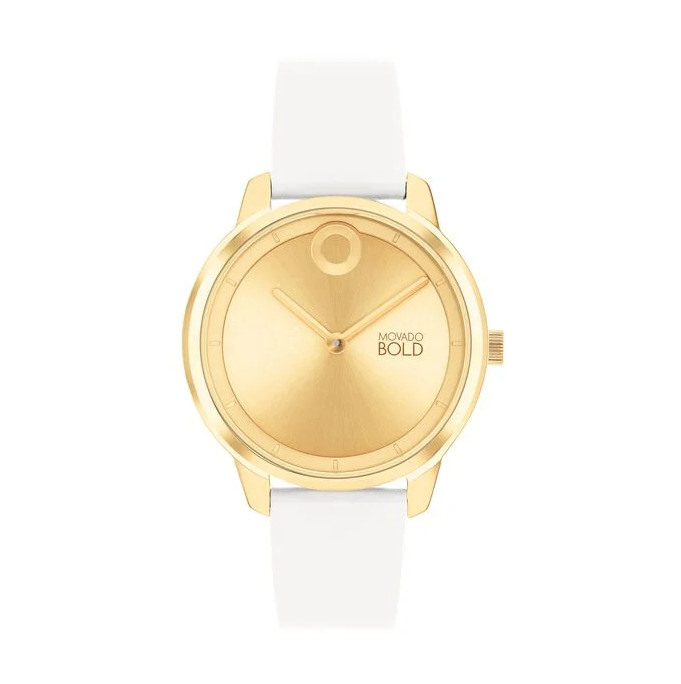 MOVADO BOLD 3600985 TREND ELEMENT GOLD DIAL WHITE LEATHER STRAP WOMENS WATCH