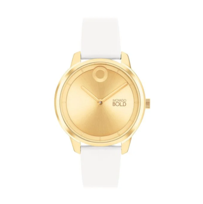#ad #ad MOVADO BOLD 3600985 TREND ELEMENT GOLD DIAL WHITE LEATHER STRAP WOMENS WATCH $159.99