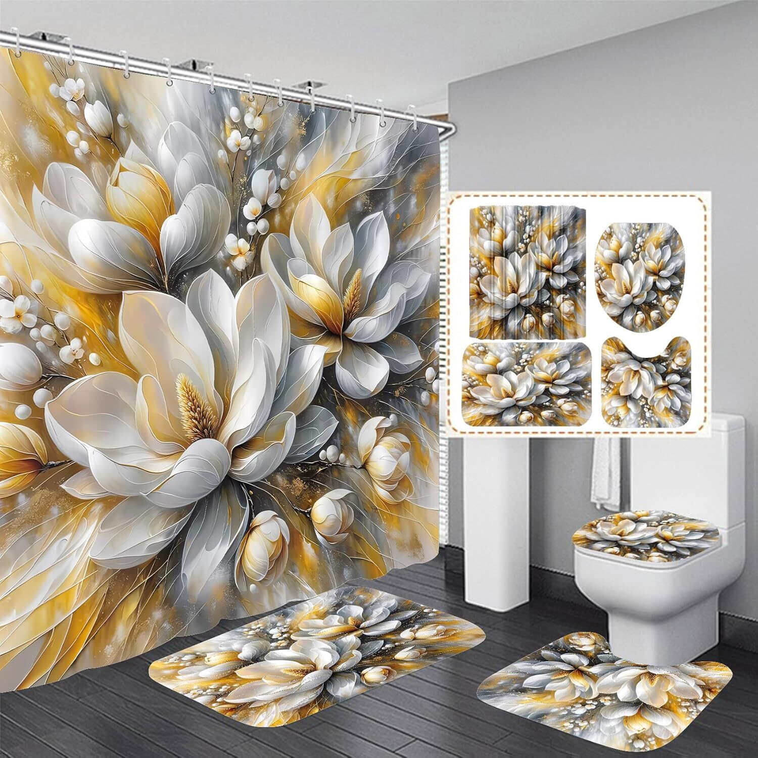 4-Piece Magnolia Flowers Shower Curtain Set 70.8