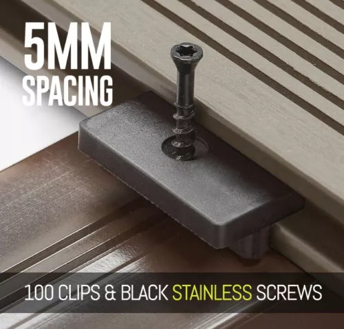100 composite decking hidden fixing fasteners plastic t clips & black screws image 1