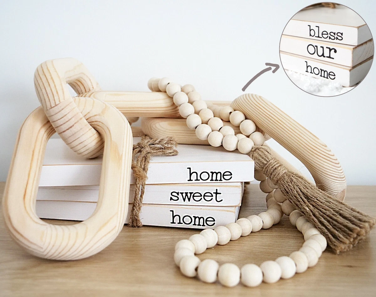 Boho Decor Set of 3, Wood Bead Garland, 5 Link Wood Chain, White