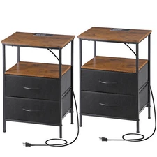 Nightstand Set of 2 with Charging Station and Fabric Drawers Bedside Table Brown