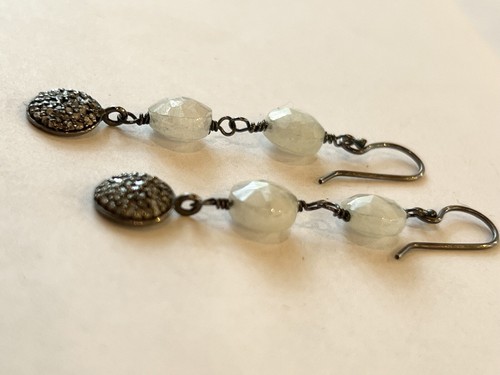 Designer Pattee Oxidized Sterling Diamond Chip White Sapphire Dangle Earrings - Picture 3 of 8