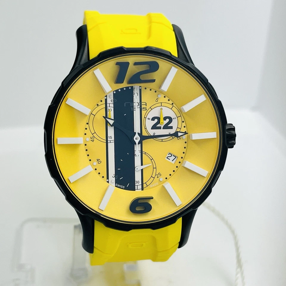 Reloj NOA G Racer Hombre Cuarzo Amarillo Cronógrafo Acero 44mm Hecho en Suiza ETA 22 Joyas Foto 3 de 4