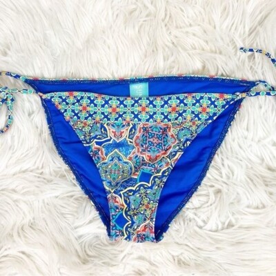 SUNSETS BLUE ORANGE GREEN PATTERN TIE SIDE STRING BIKINI BOTTOMS WOMENS MEDIUM