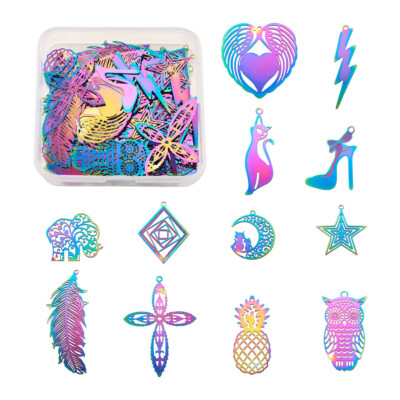 48pc 12 Shape Multi-color 201 Stainless Steel Filigree Pendants Charms 22~45.5mm