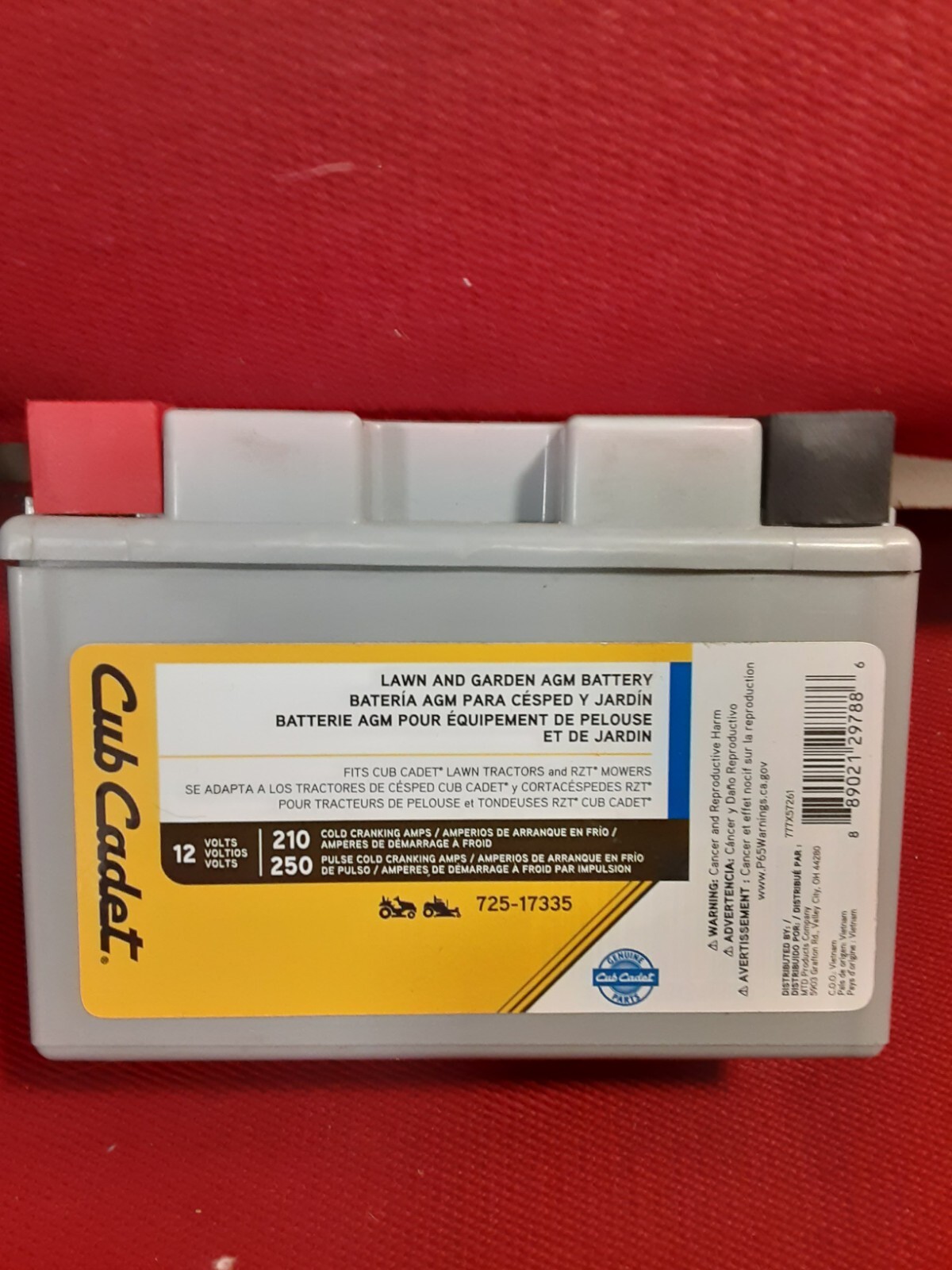 Cub Cadet Lawn And Garden AGM Battery 12V 210 Cranking Amp 725-17335
