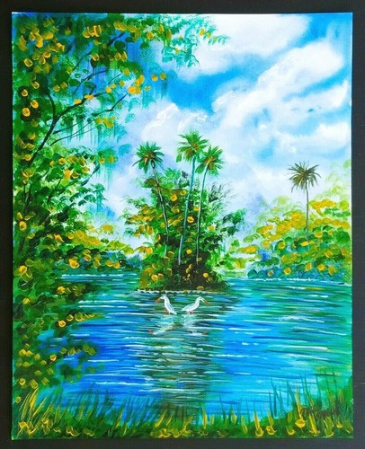 Original Painting Tropical Landscape Bird Florida Highwaymen Style Artist Signed - Picture 2 of 2