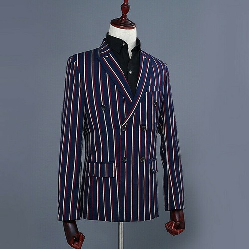 Uomo 2 Pezzi Righe Abito Doppio Petto Peak Lapel Giacca Smoking su Misura |  eBay