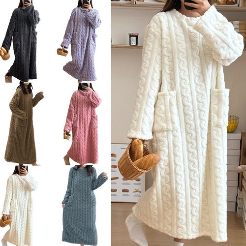 Women Winter Thicken Night Dress Soft Coral Velvet Long Sleeve Sleepwear New M5