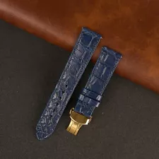 20mm Flat Blue Leather Watch Band Crocodile Watch Strap Gold Deployment Buckle