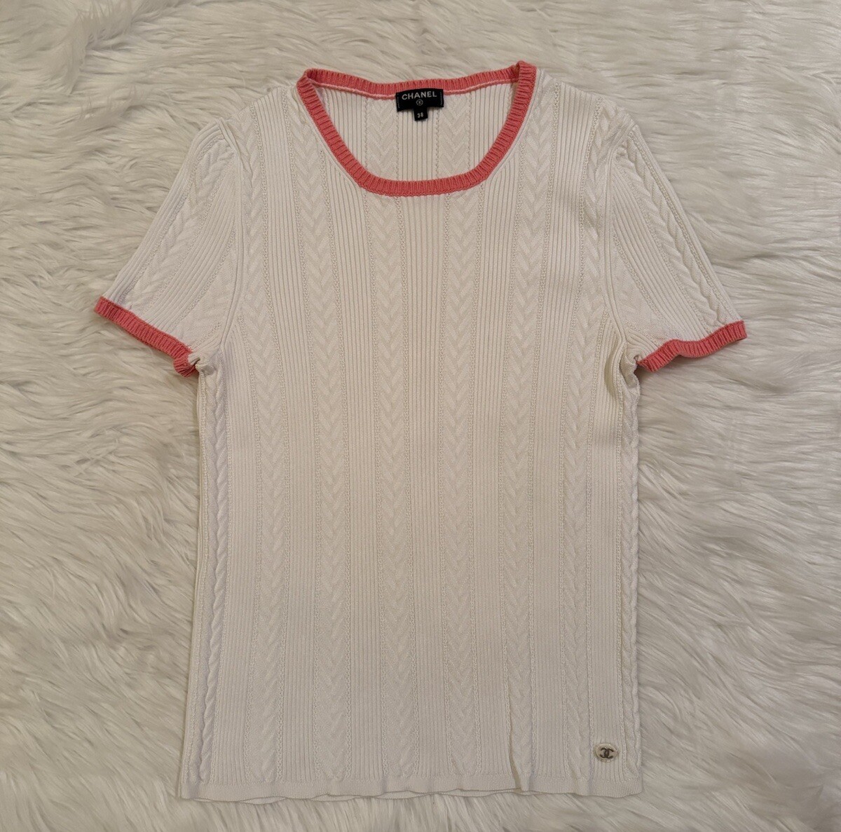 CHANEL ニット 半袖 38 Chanel Cable Knit Top Short Sleeve Shirt White Vtg 38 | eBay
