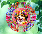 10" Colorful Australian Shepherd Puppy Dog Flowers Hanging Wind Spinner RWS233