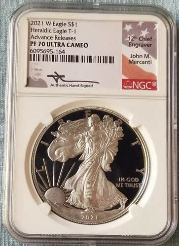 2021-W Heraldic T-1 Silver Eagle NGC PF 70 UC Advance Release Sign Mercanti COA