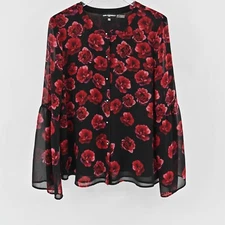 KARL LAGERFELD Top Womens Size L Red Black Floral Bell Sleeve Blouse Chiffon
