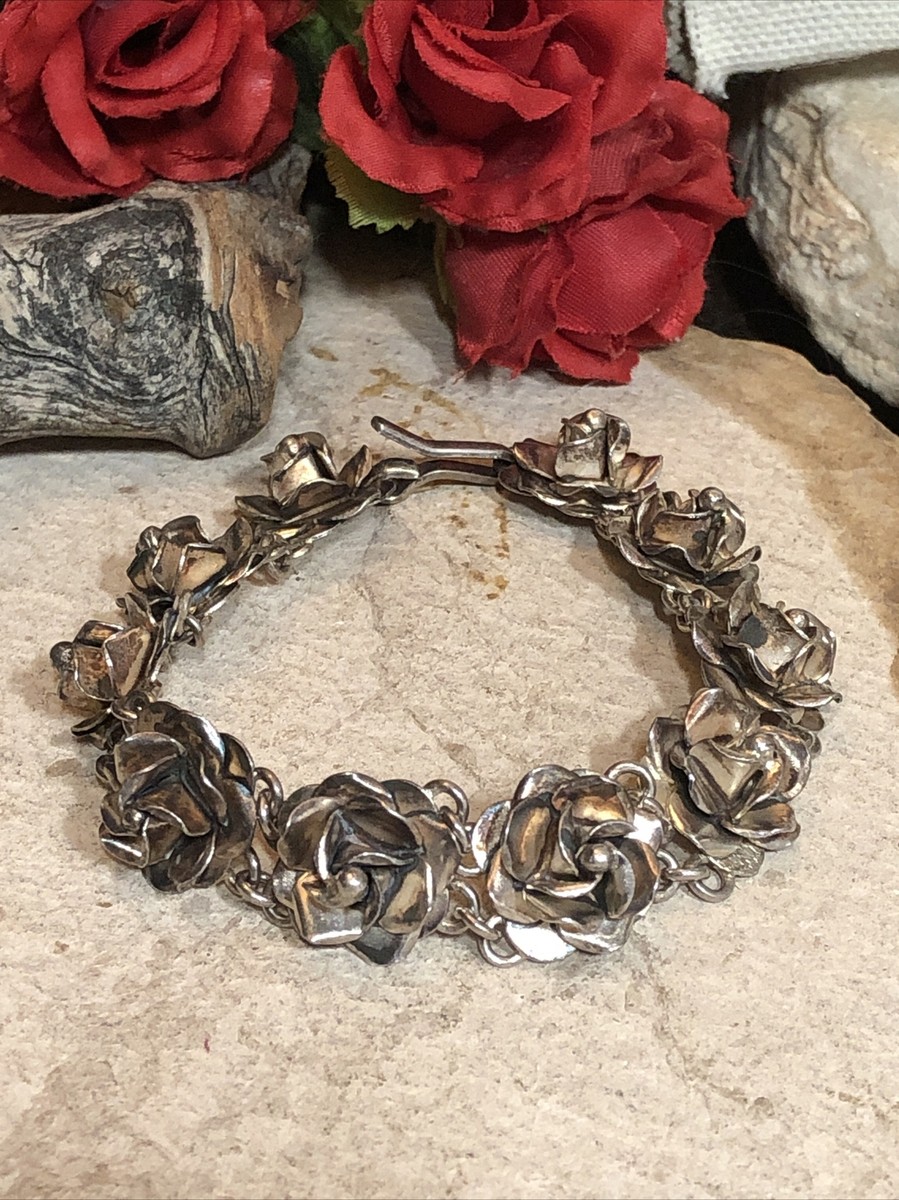 9. Vintage Taxco 925 Sterling Silver Rose Head Link Bracelet 7 5/8