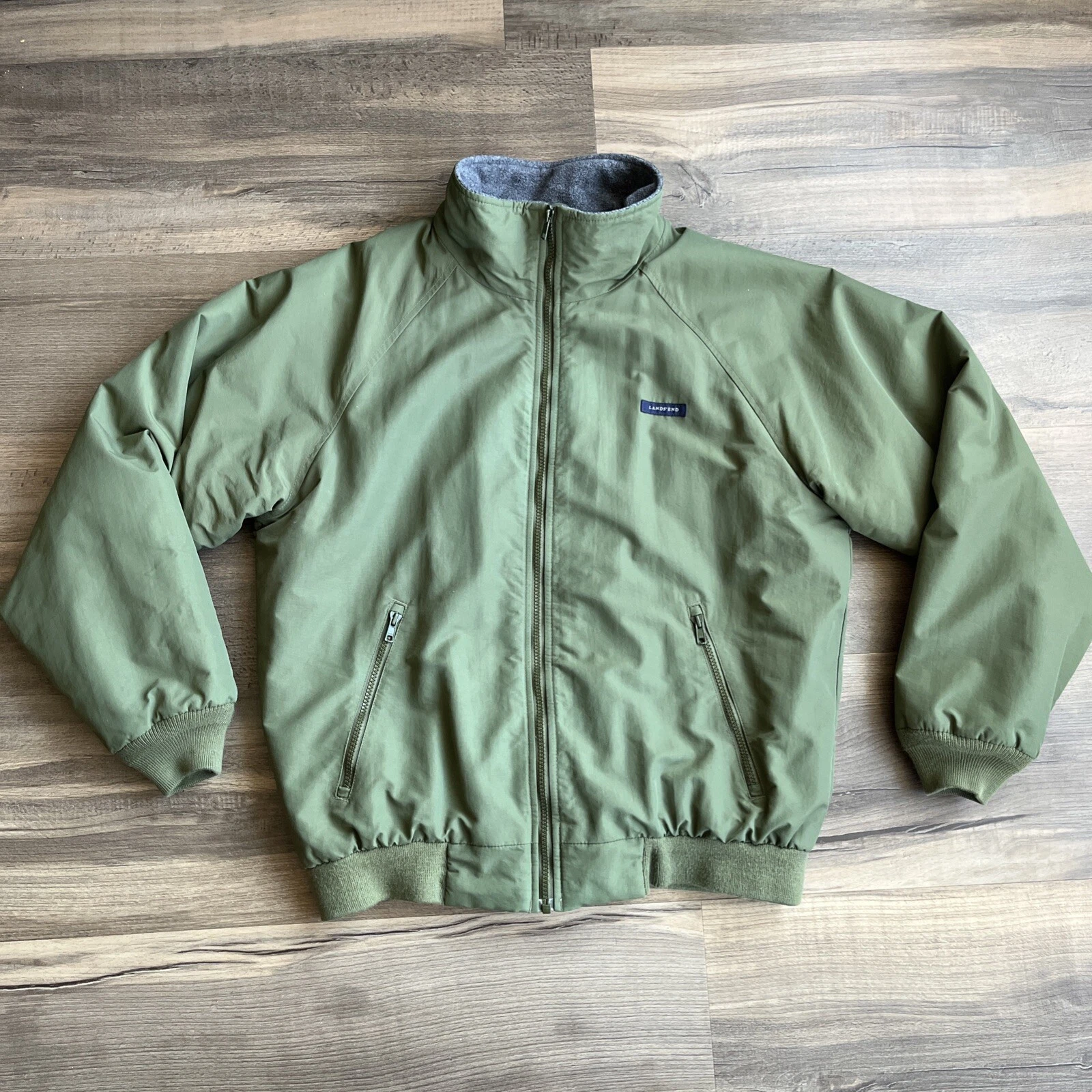 Lands’ End Men’s Nylon Jacket Windcheck Fleece Lined Zippered Pockets Green M