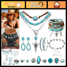 19 Pcs Boho Turquoise Jewelry Set for Women - Concho Belt, Necklace, Earrings, B