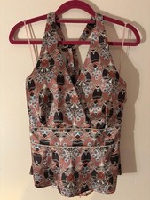 Vintage Y2K Satin Print Halter Neck Top Pink Geometric Boho Party Cami UK 14