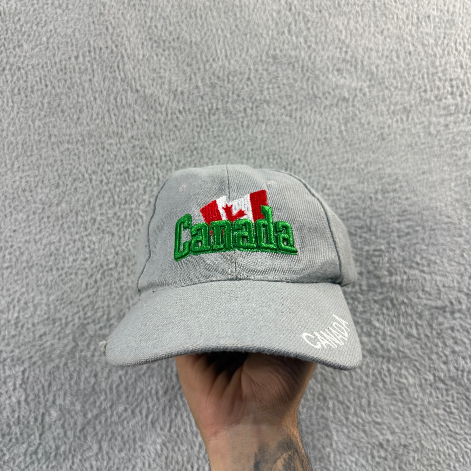 Vintage Canada 2000's Y2K Grey Green Flag Distressed Adjustable Baseball Cap