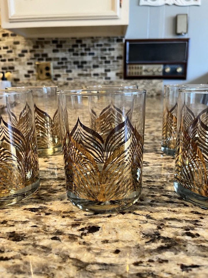 Georges Briard Set of 6 vtg Gold Design whiskey Lowball old fashioned glasses - Image 2 of 4
