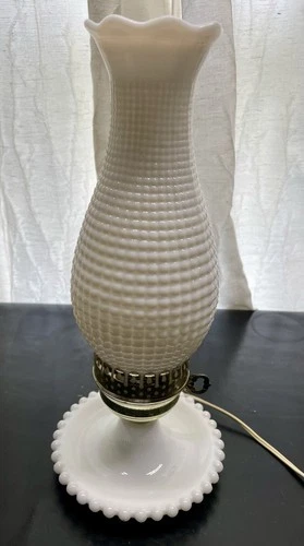 Vintage Mid Century 14” Quilted Milk Glass Hurricane Lamp, Electric Cord, 1950