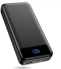 Black Matte Power Bank w/ LED Display, 3-Port USB-A USB-C, Charging Cable