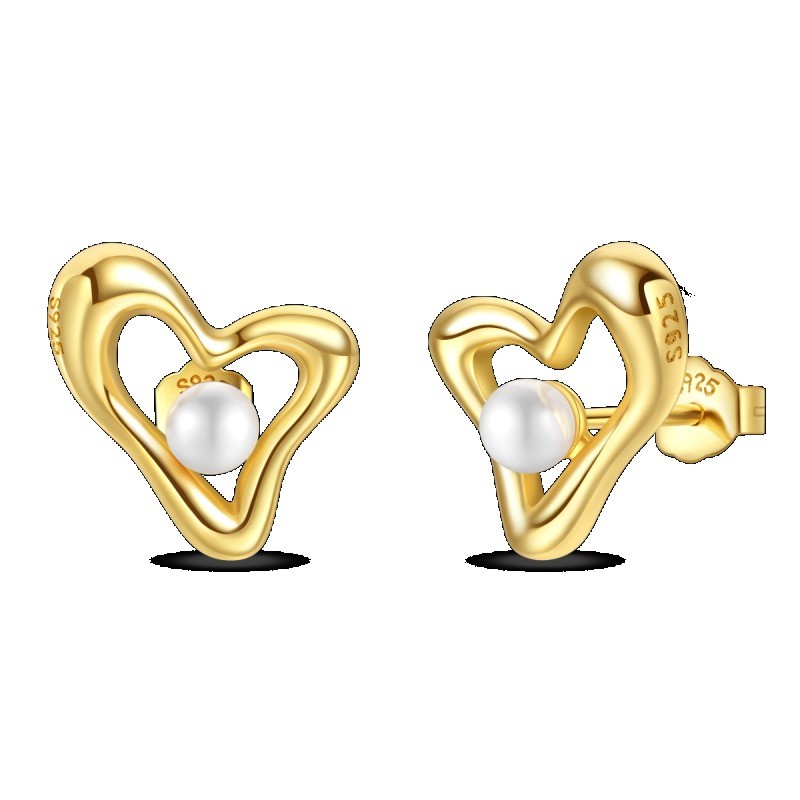 KUNSIR 925 Sterling Silver Gold Pearl Heart Stud Earrings For Women Jewelry Gift