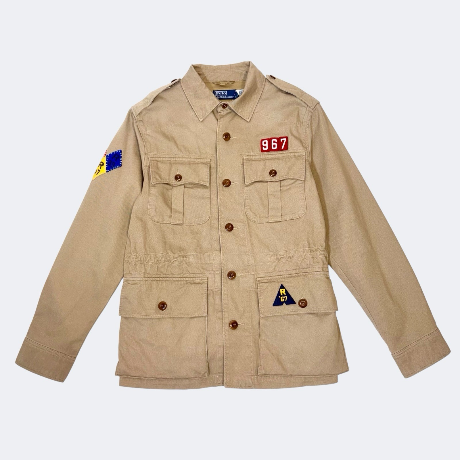 Chaqueta de safari Polo Ralph Lauren para hombre beige talla mediana parche algodón con cinturón nueva con etiquetas