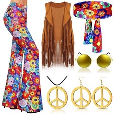 Haull 7 Pcs 60s 70s Disco Hippie Fringe Outfit Women Halloween Costume New Open