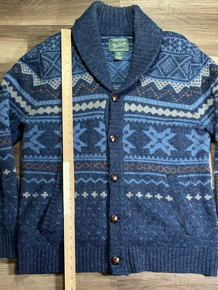 Suéter Cárdigan Woolrich Para Hombres Cuello Capucha Azul FairIsle Nórdico Talla Grande Lana Gruesa Foto 3 de 4