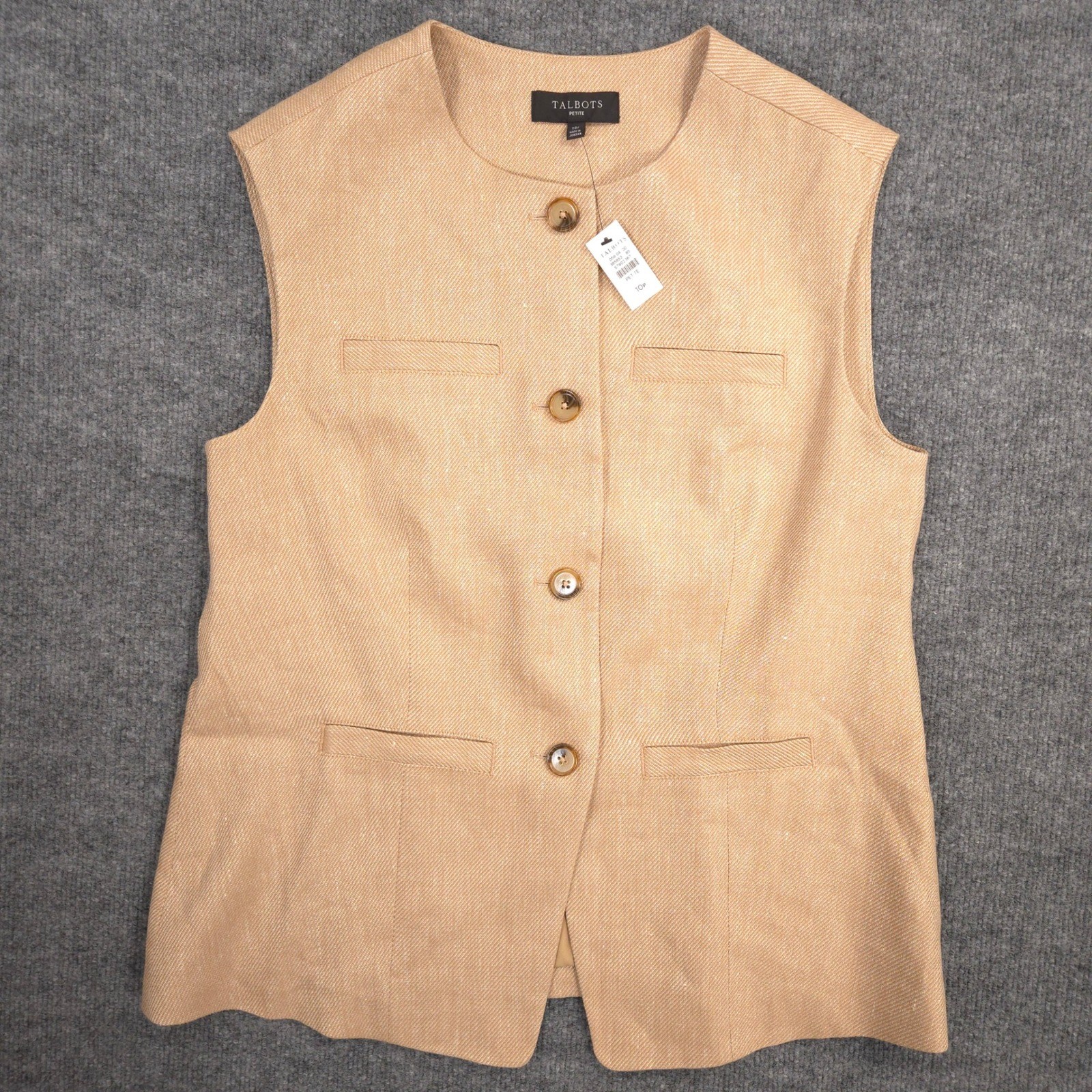 Talbots Vest Womens 10P Cafe Ivory Textured Stretch Linen Blend Welt Pockets NEW