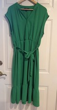 Fred David Women's Large Kelly Green Tiered Midi Dress Faux Wrap Belted