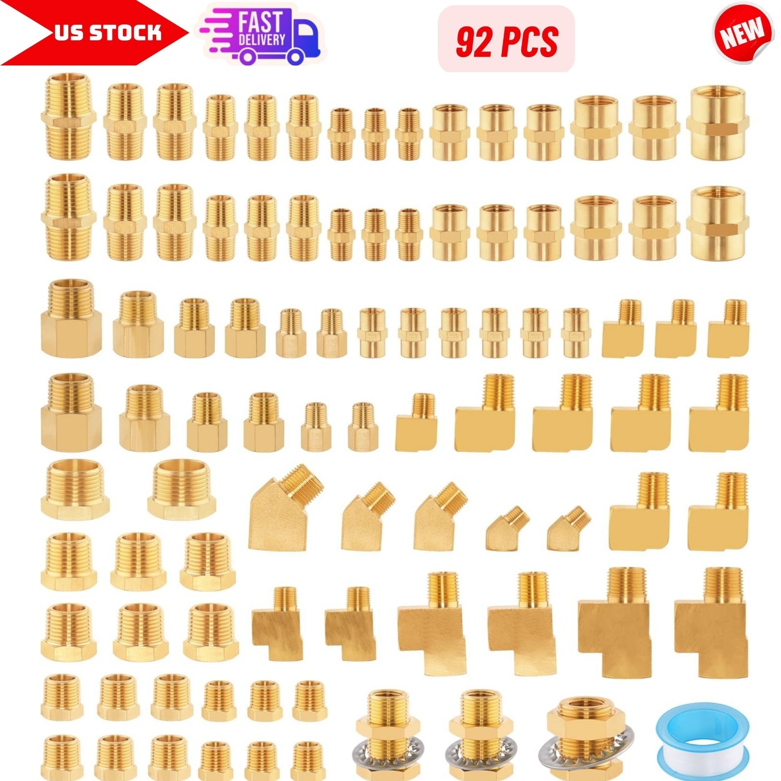 92PCS Brass Pipe Fittings Assortment Kit NPT Adapter,Hex Nipple,Reducer Bushing