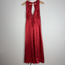 Vtg 80s Victoria's Secret Gold Label Satin Slip Dress Maxi Buttons Lace Trim Red
