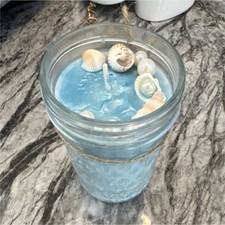 Handmade Blue Jar Candle with Embedded Seashells and Glass Container