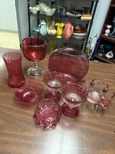 Lot Vintage Ruby Cranberry Glass Bowls Vases Compotes 9pc Mixed Collection