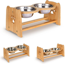 Elevated Dog Bowls for Cats and Dogs, Adjustable Bamboo Raised Dog Bowls for Med
