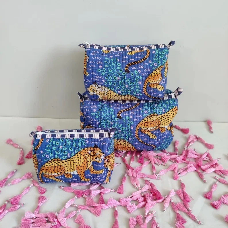 Indian Cotton Blue Tiger Toiletry Bag Unisex Makeup Bags Waterproof 3 Pcs. Sets