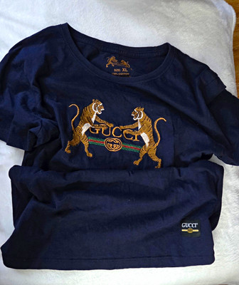 Gucci Navy Embroidered Tiger Logo Crew Neck Short Sleeve T-Shirt XL Cotton