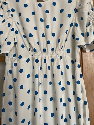 M&S Ivory Midi Tea Dress Blue Polka Dot Spot Print Short Ruched Sleeve size 8 | eBay UK M&S Ivory Midi Tea Dress Blue Polka Dot Spot Print Short Ruched Sleeve size 8 | eBay UK
