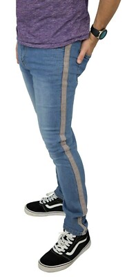 Men's Stripe Jeans Pants Casual Denim Pant Side Striped Ribbon Straight Fit Pant