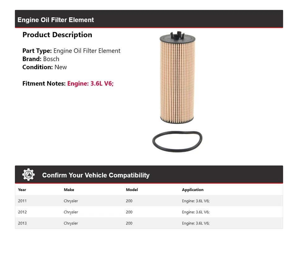 Filtro de aceite Bosch Premium 2012 para Chrysler 200 2011-2013 3,6 L V6 Foto 2 de 3