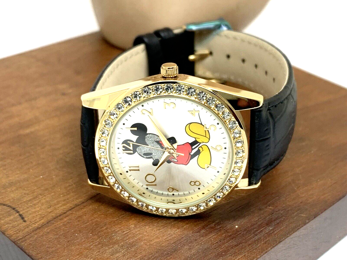 Disney Mickey Mouse Women\'s Watch Gold Black Leather Band Quartz W002750 36mm 1990 main image 3