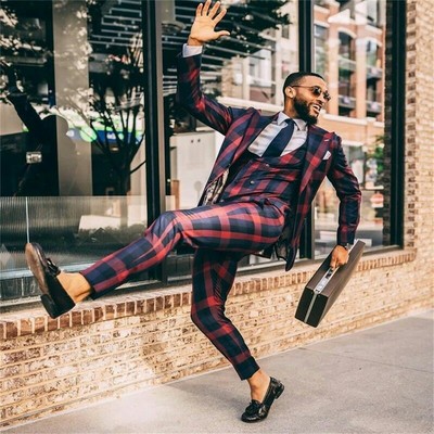 Men Suits Red Blue British Plaid Casual Slim Fit Suits Formal Coat+Pant+Vest  | eBay