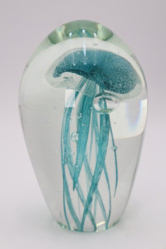 5" Jellyfish ArtGlass Paperweight Turquoise Glow in the Dark - Picture 3 of 6