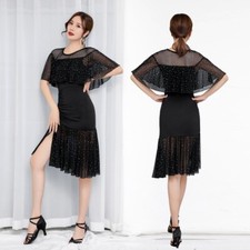 Women Latin Dance Dress Salsa Tango Ballroom Sequins Ruffle Rumba Practice