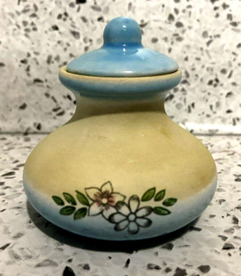 Perfume Ceramic Jar Pot Lid Potpourri Mini 1.5 H x 2.5  Dia VTG Blue Glaze Lid
