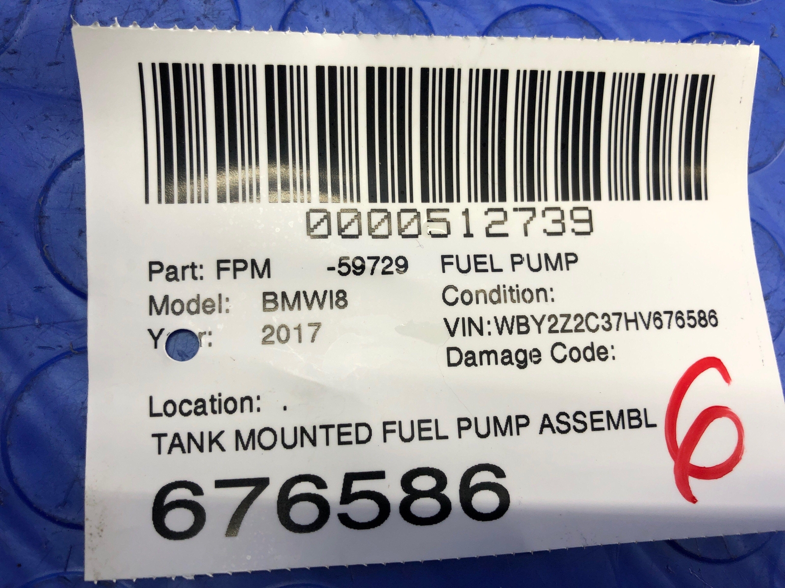 2014 2015 2016 2017 2018 2019 BMW I8 OEM TANK MOUNTED FUEL PUMP ASSEMBLY SENDER